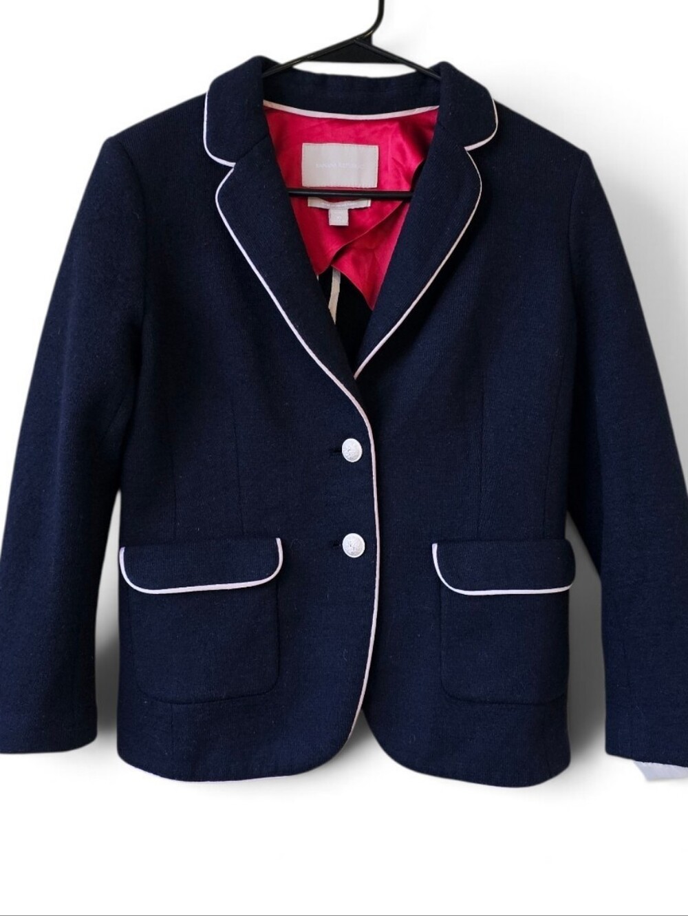 Banana Republic Wool Blend Blazer Navy Blue White Piping Button Front Size 10